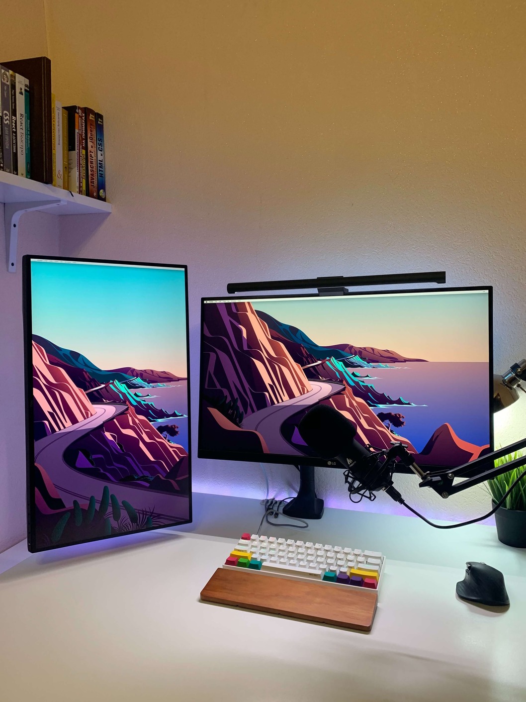 Desk with a computer commposed of 2 screens
